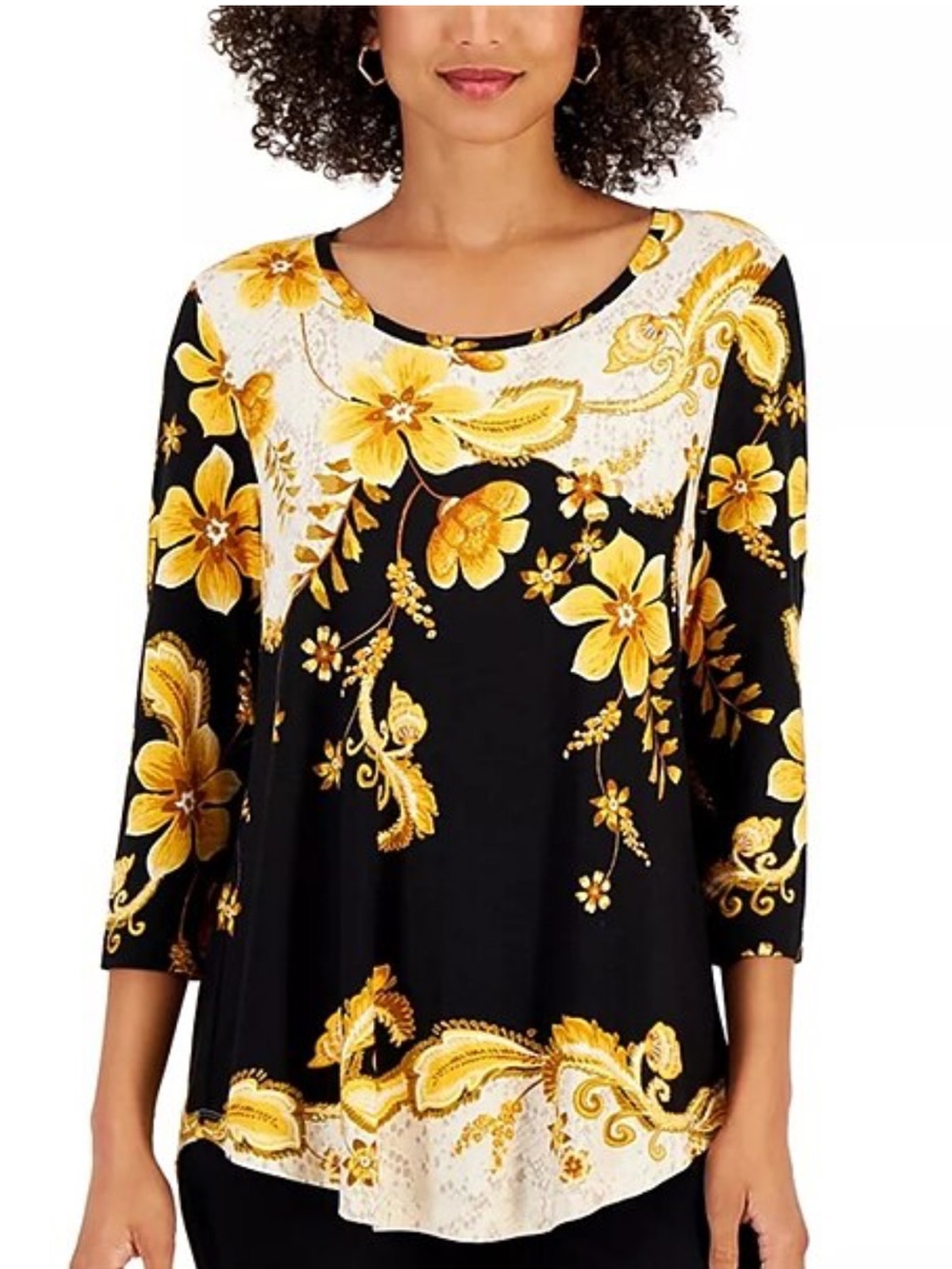 JM Collection Womens 3/4 Sleeve Floral Top Size 1X Black Yellow Office Stretch